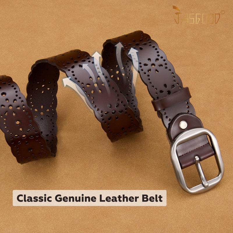 JASGOOD Women's Hollow Flower Genuine Leather Belt for Jeans Pants Wide Belt for Ladies - Image 5